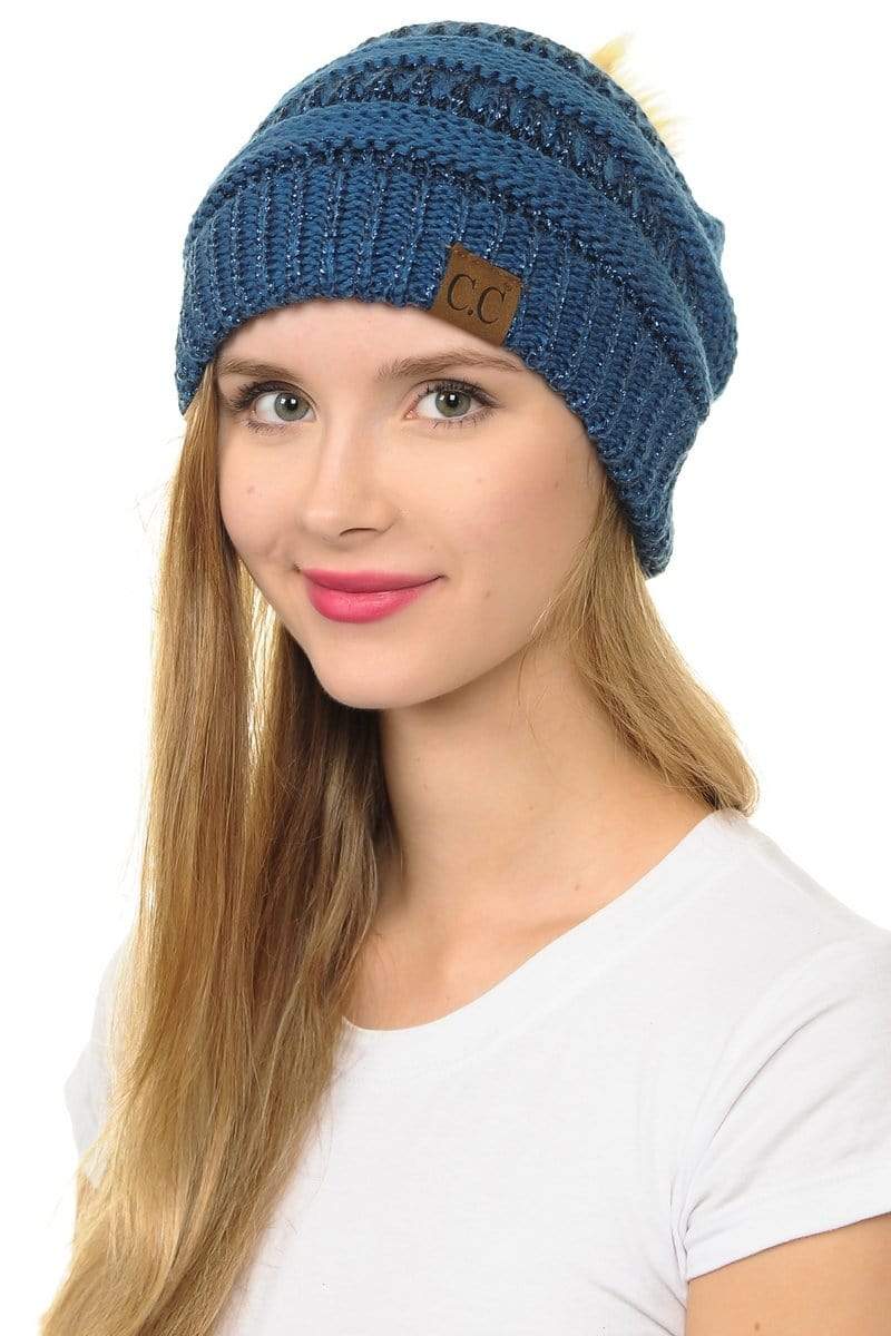 C.C Apparel C.C Hat 43M - Slouchy Thick Warm Cap Hat Skully Metallic Faux Fur Pom Pom Cable Knit Beanie