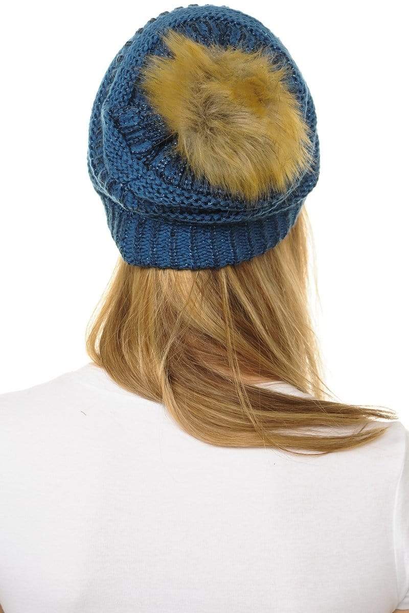 C.C Apparel C.C Hat 43M - Slouchy Thick Warm Cap Hat Skully Metallic Faux Fur Pom Pom Cable Knit Beanie