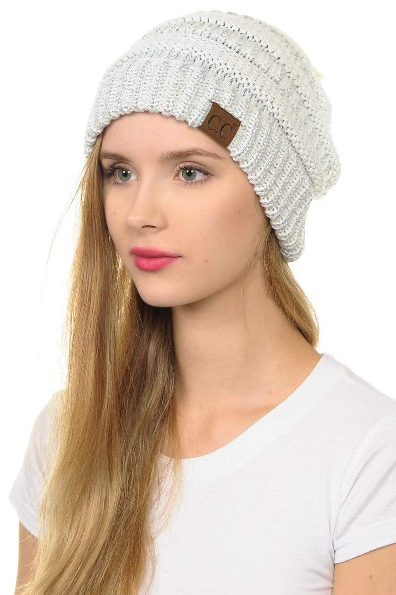 C.C Apparel C.C Hat 43M - Slouchy Thick Warm Cap Hat Skully Metallic Faux Fur Pom Pom Cable Knit Beanie