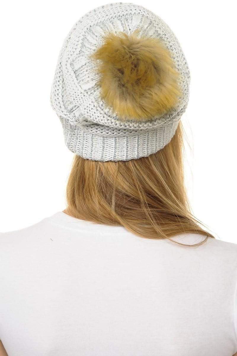 C.C Apparel C.C Hat 43M - Slouchy Thick Warm Cap Hat Skully Metallic Faux Fur Pom Pom Cable Knit Beanie