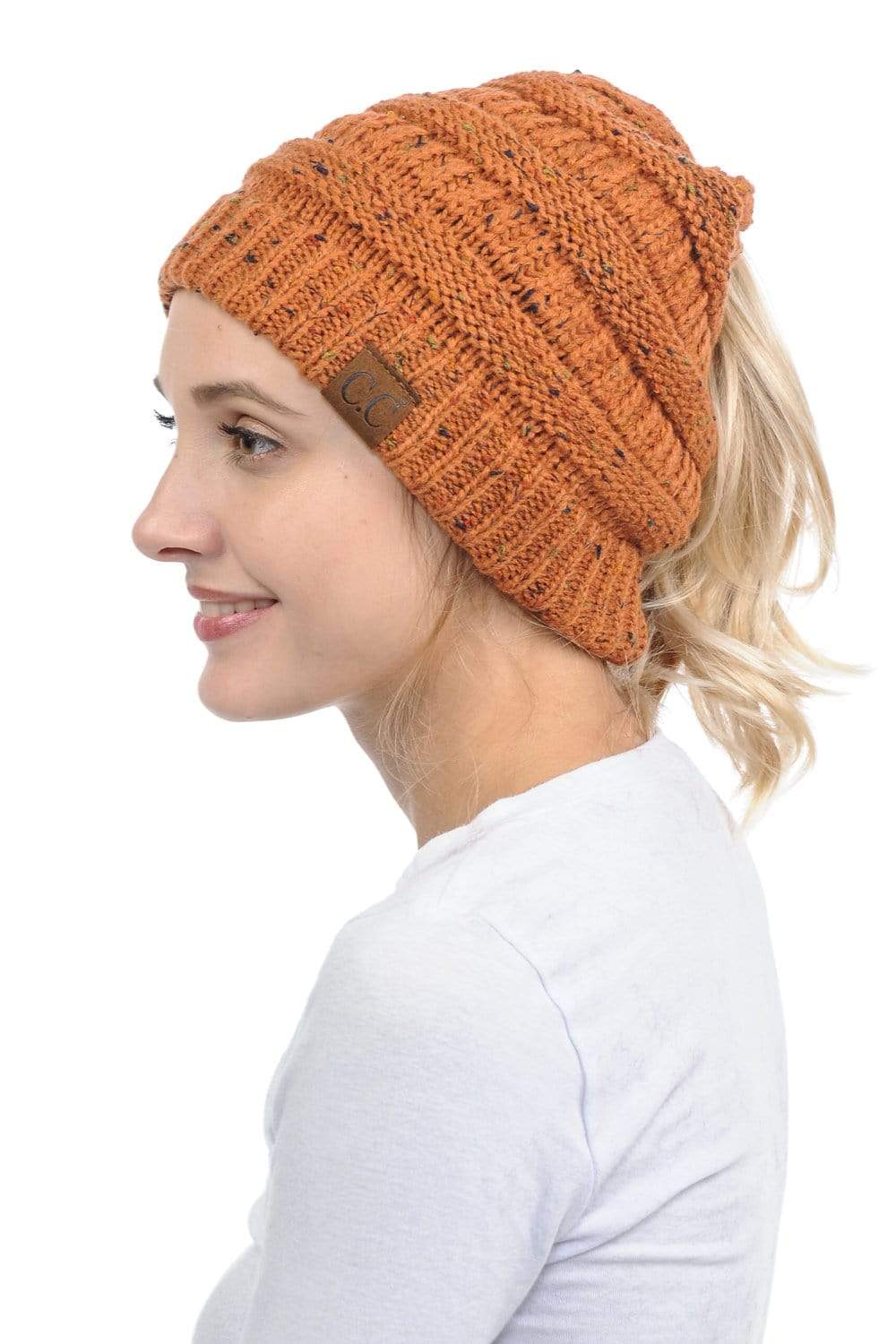 C.C Apparel C.C MB33 - Soft Stretch Cable Knit Warm Hat High Bun Ponytail Confetti Beanie