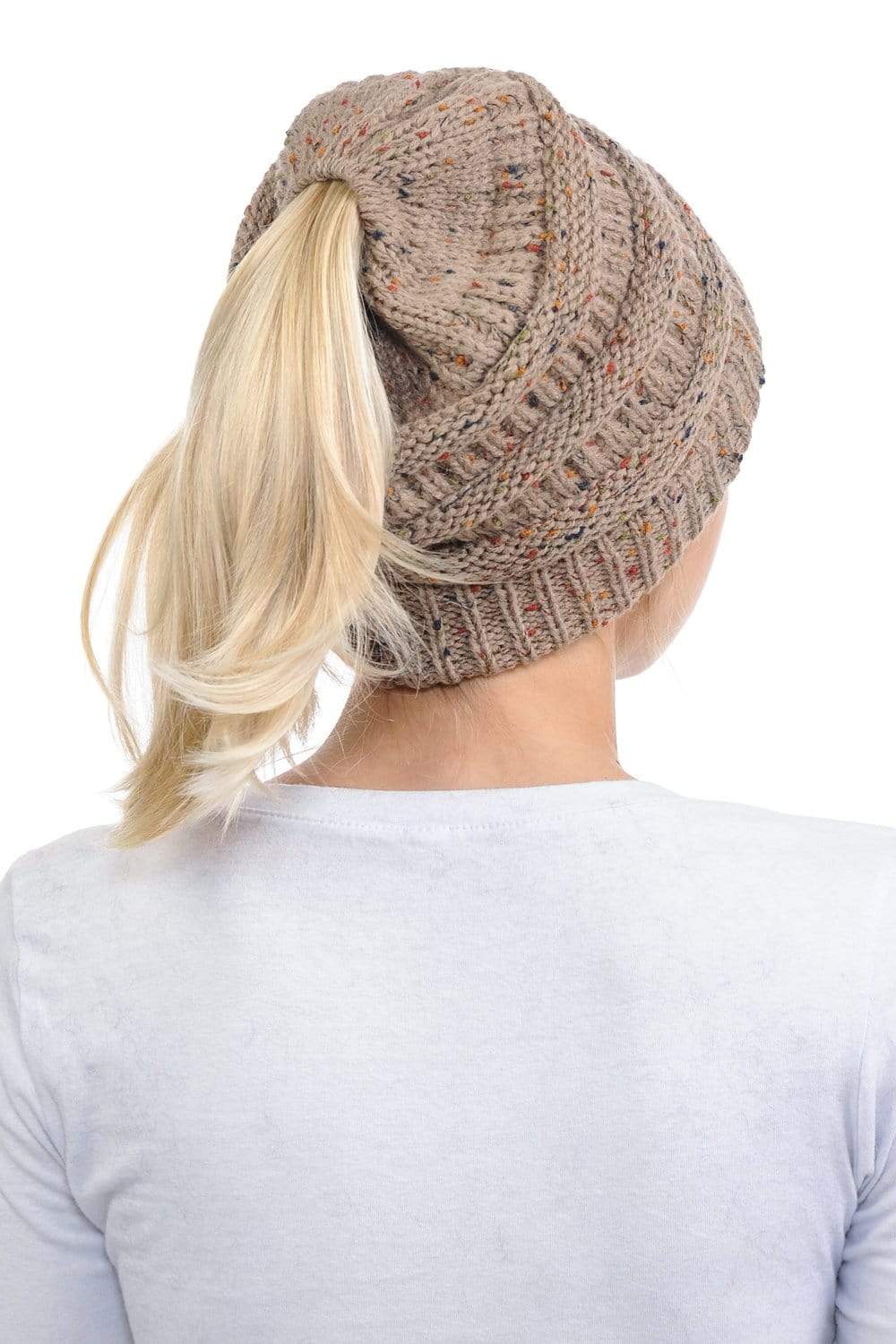 C.C Apparel C.C MB33 - Soft Stretch Cable Knit Warm Hat High Bun Ponytail Confetti Beanie