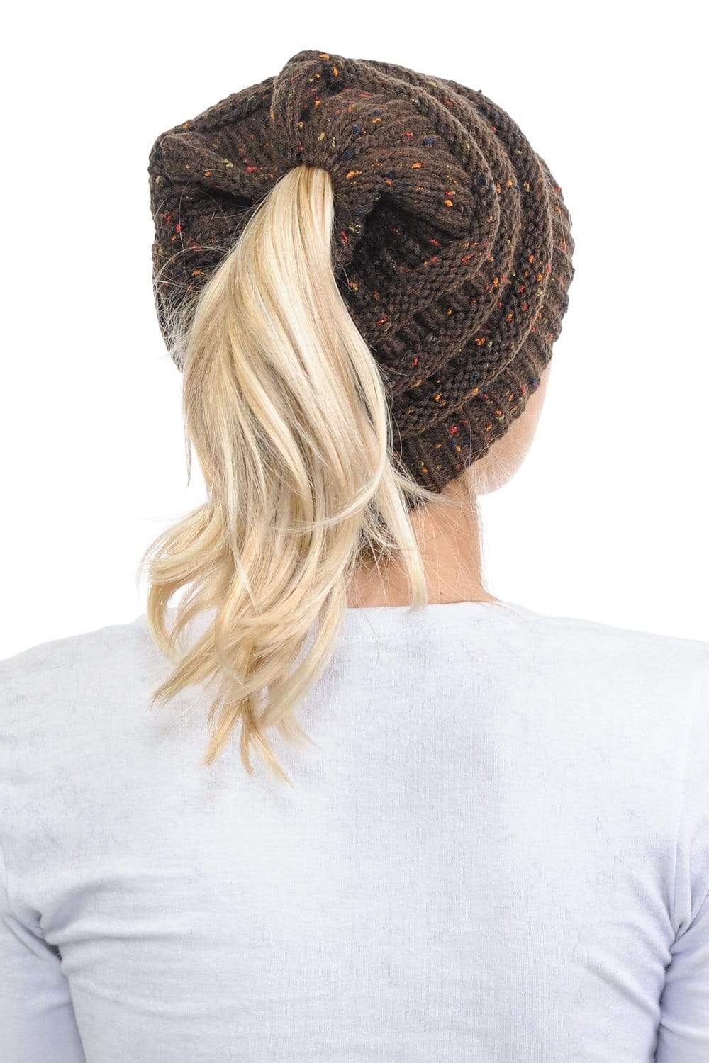 C.C Apparel C.C MB33 - Soft Stretch Cable Knit Warm Hat High Bun Ponytail Confetti Beanie
