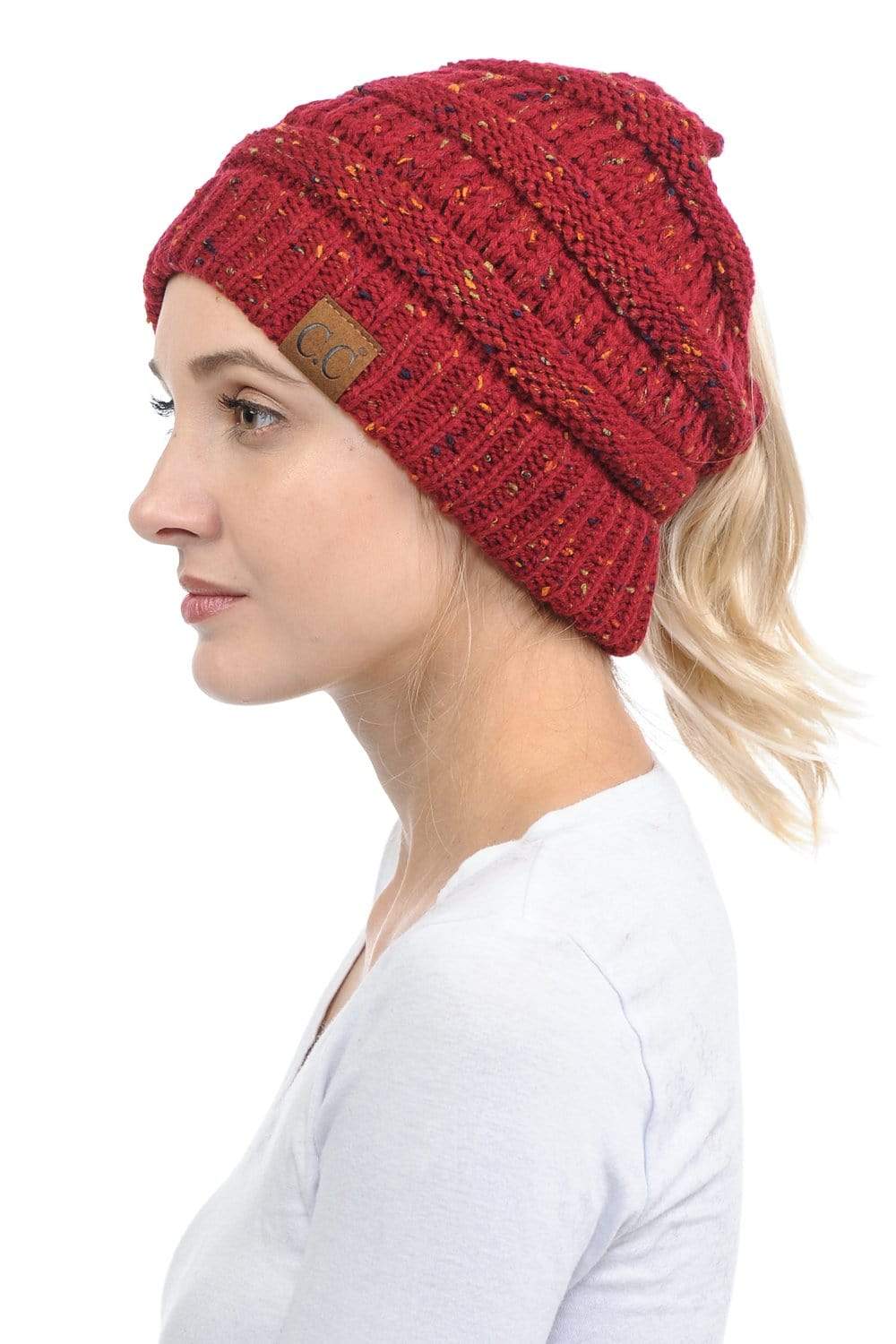 C.C Apparel C.C MB33 - Soft Stretch Cable Knit Warm Hat High Bun Ponytail Confetti Beanie