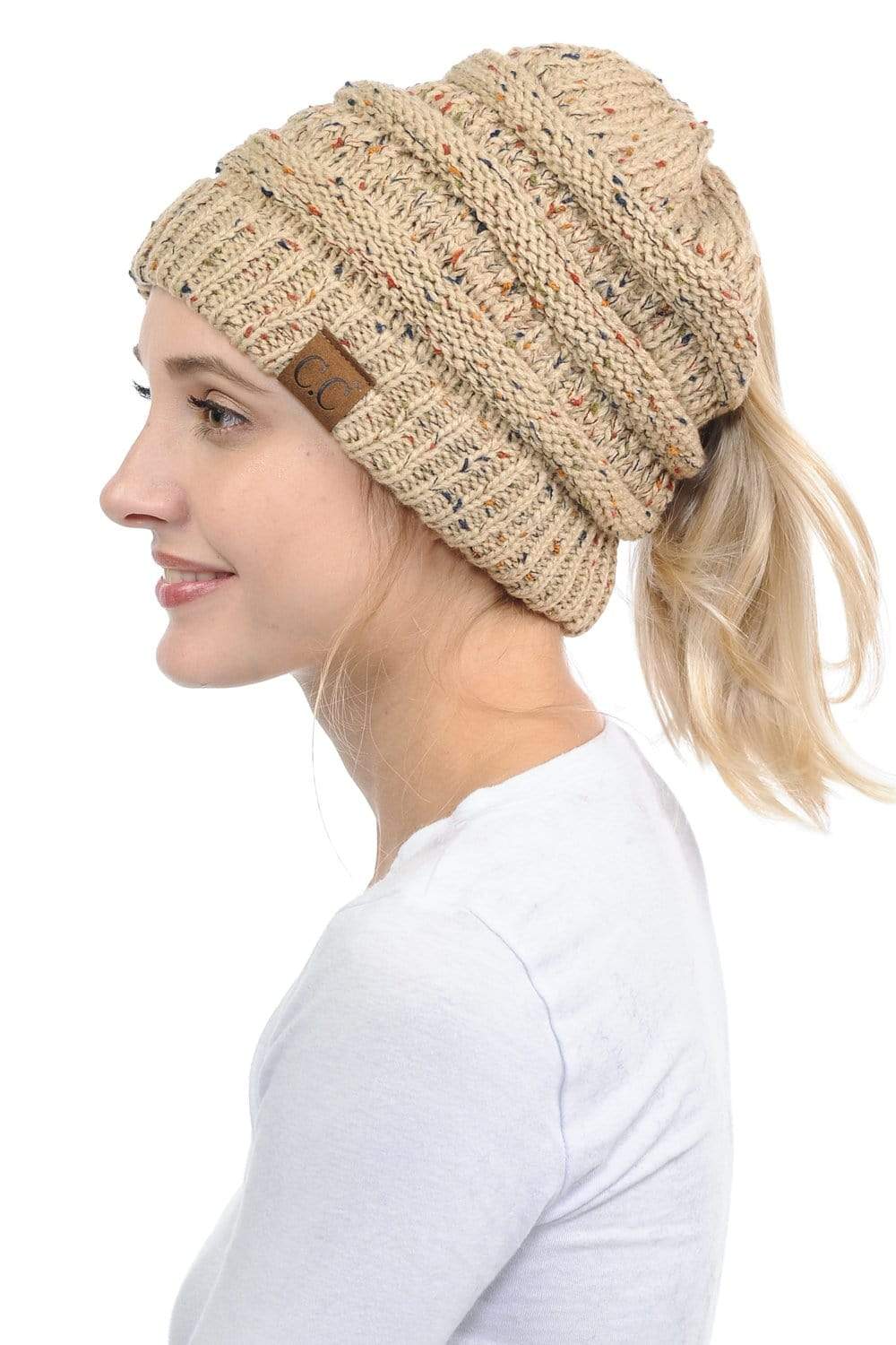 C.C Apparel C.C MB33 - Soft Stretch Cable Knit Warm Hat High Bun Ponytail Confetti Beanie
