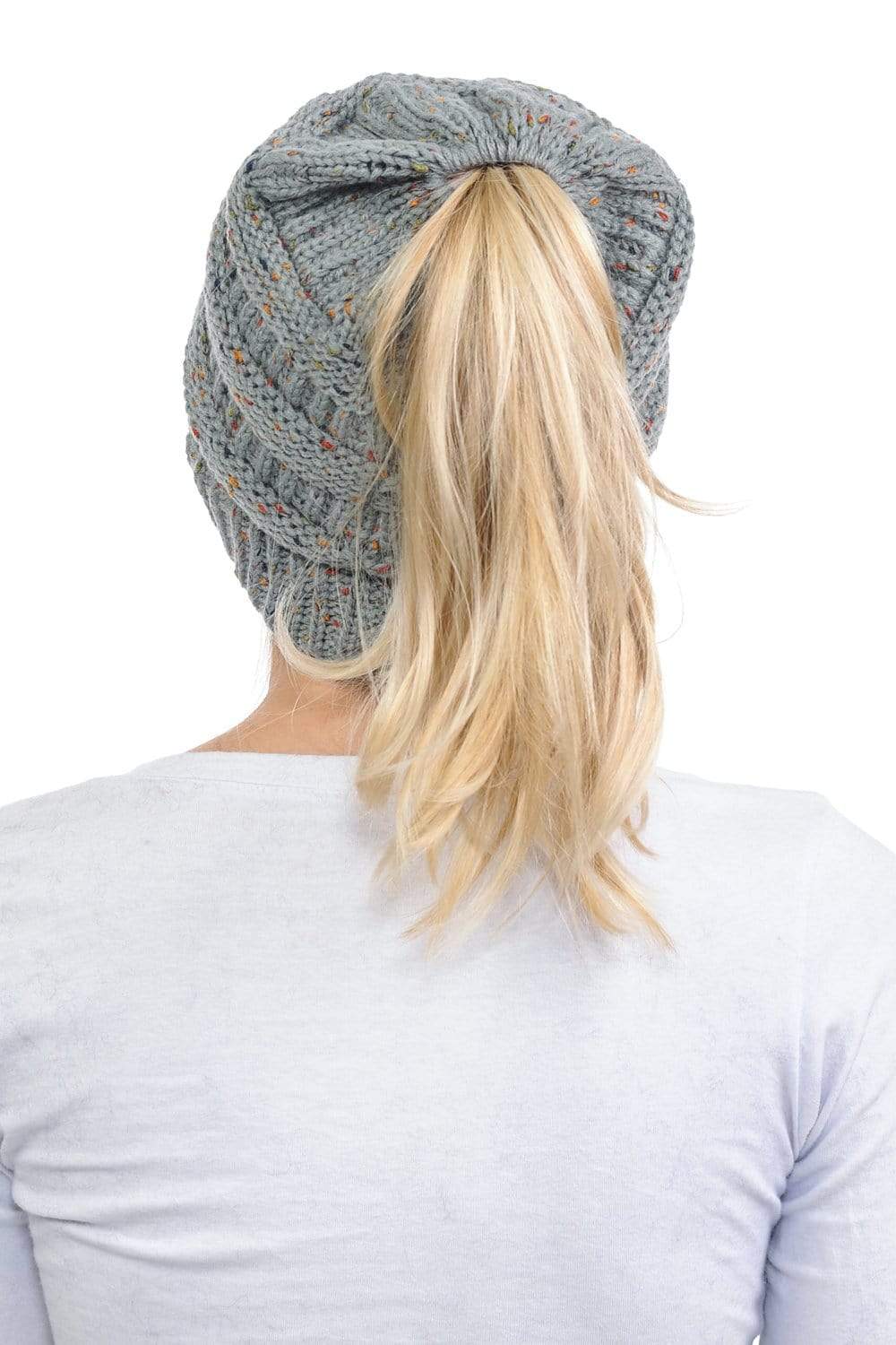 C.C Apparel C.C MB33 - Soft Stretch Cable Knit Warm Hat High Bun Ponytail Confetti Beanie