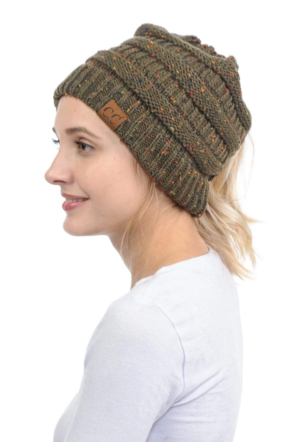 C.C Apparel C.C MB33 - Soft Stretch Cable Knit Warm Hat High Bun Ponytail Confetti Beanie