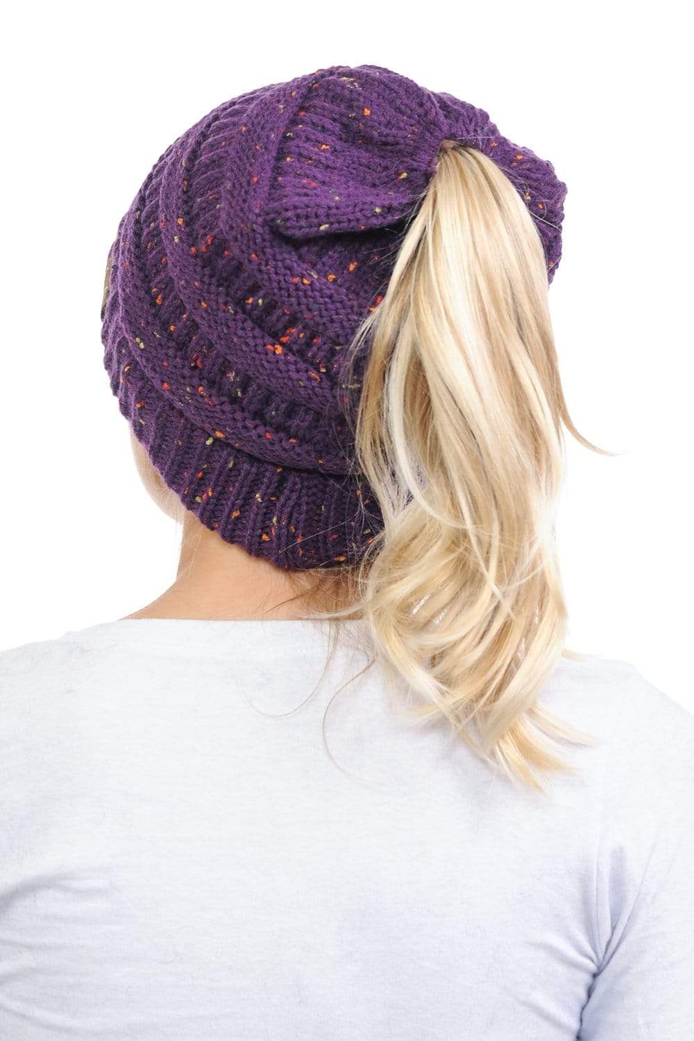 C.C Apparel C.C MB33 - Soft Stretch Cable Knit Warm Hat High Bun Ponytail Confetti Beanie