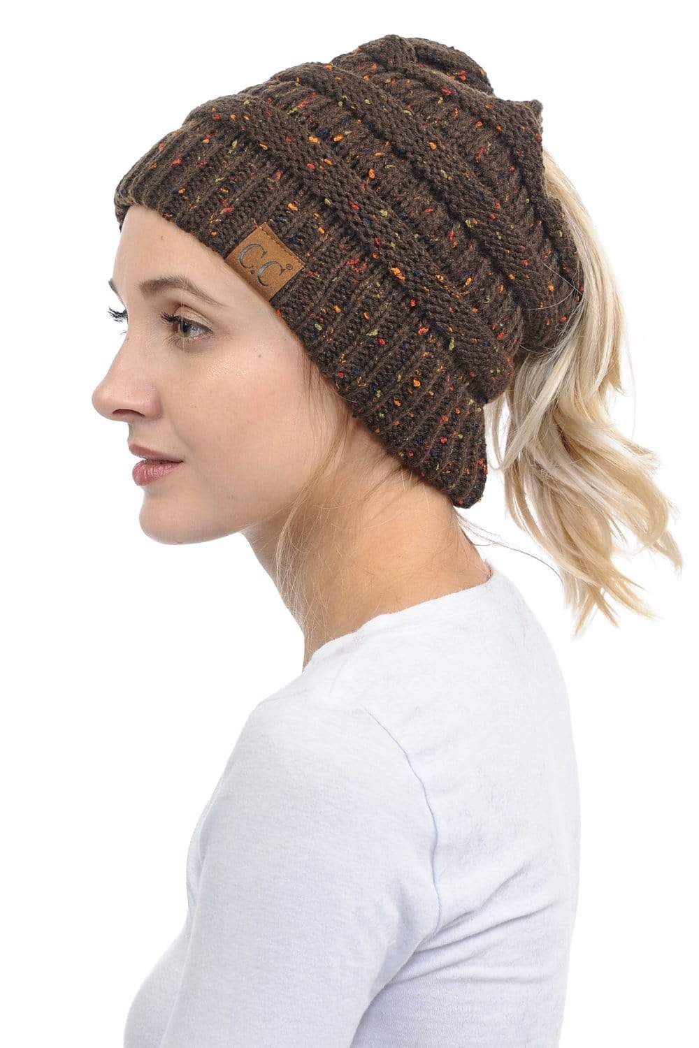 C.C Apparel C.C MB33 - Soft Stretch Cable Knit Warm Hat High Bun Ponytail Confetti Beanie