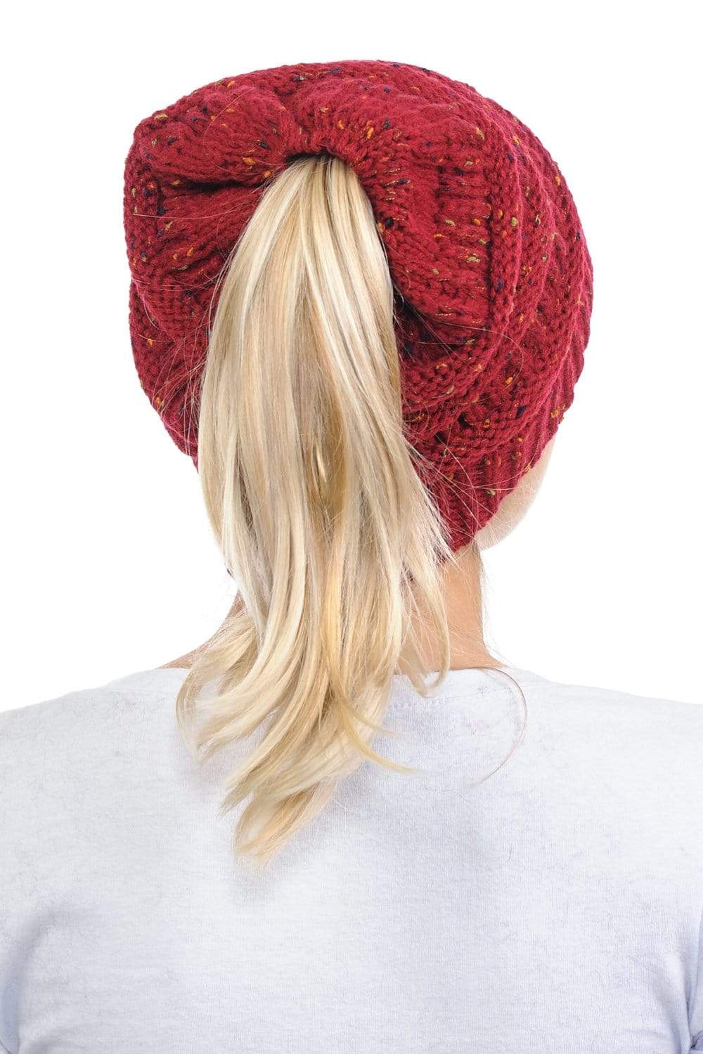C.C Apparel C.C MB33 - Soft Stretch Cable Knit Warm Hat High Bun Ponytail Confetti Beanie