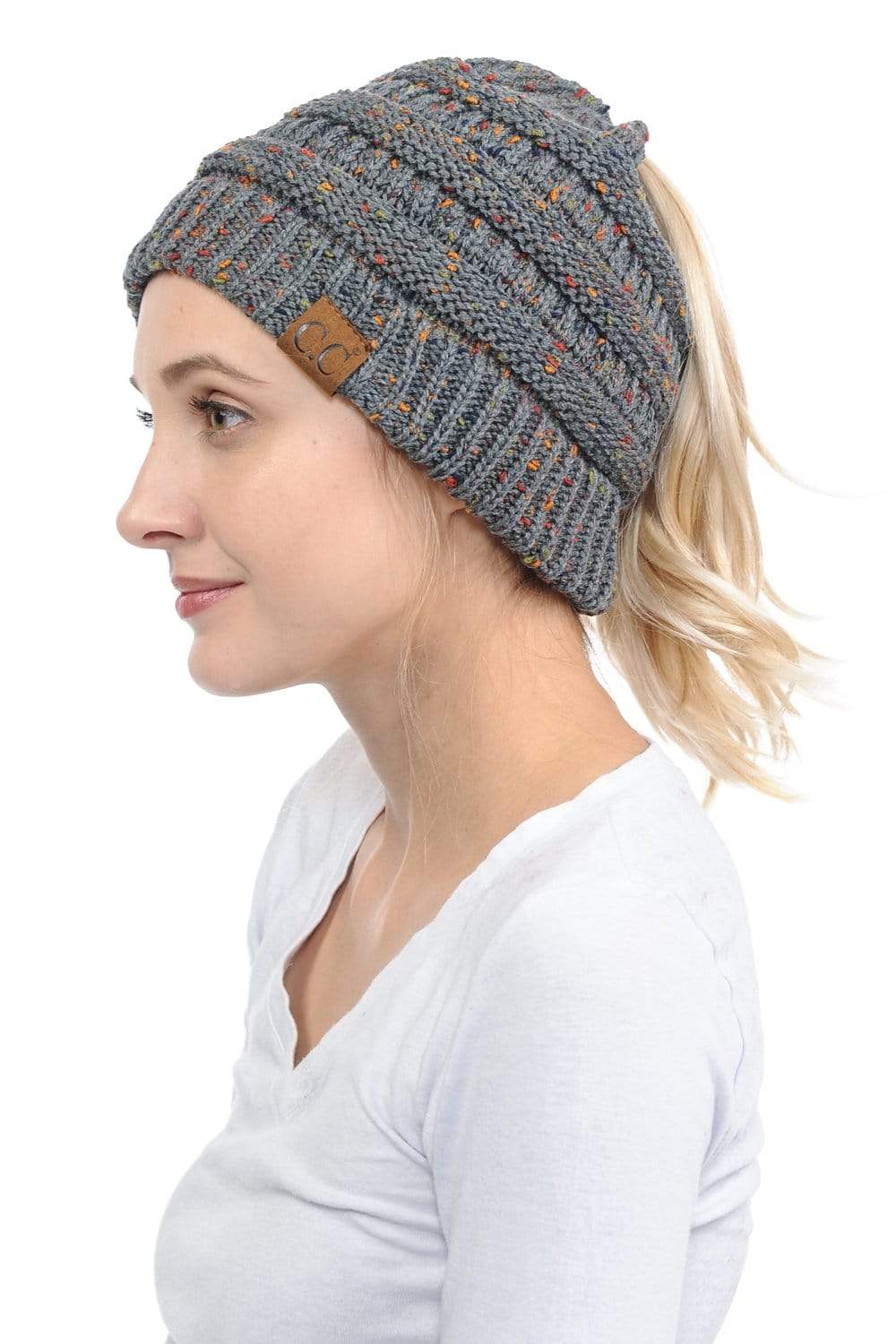 C.C Apparel C.C MB33 - Soft Stretch Cable Knit Warm Hat High Bun Ponytail Confetti Beanie