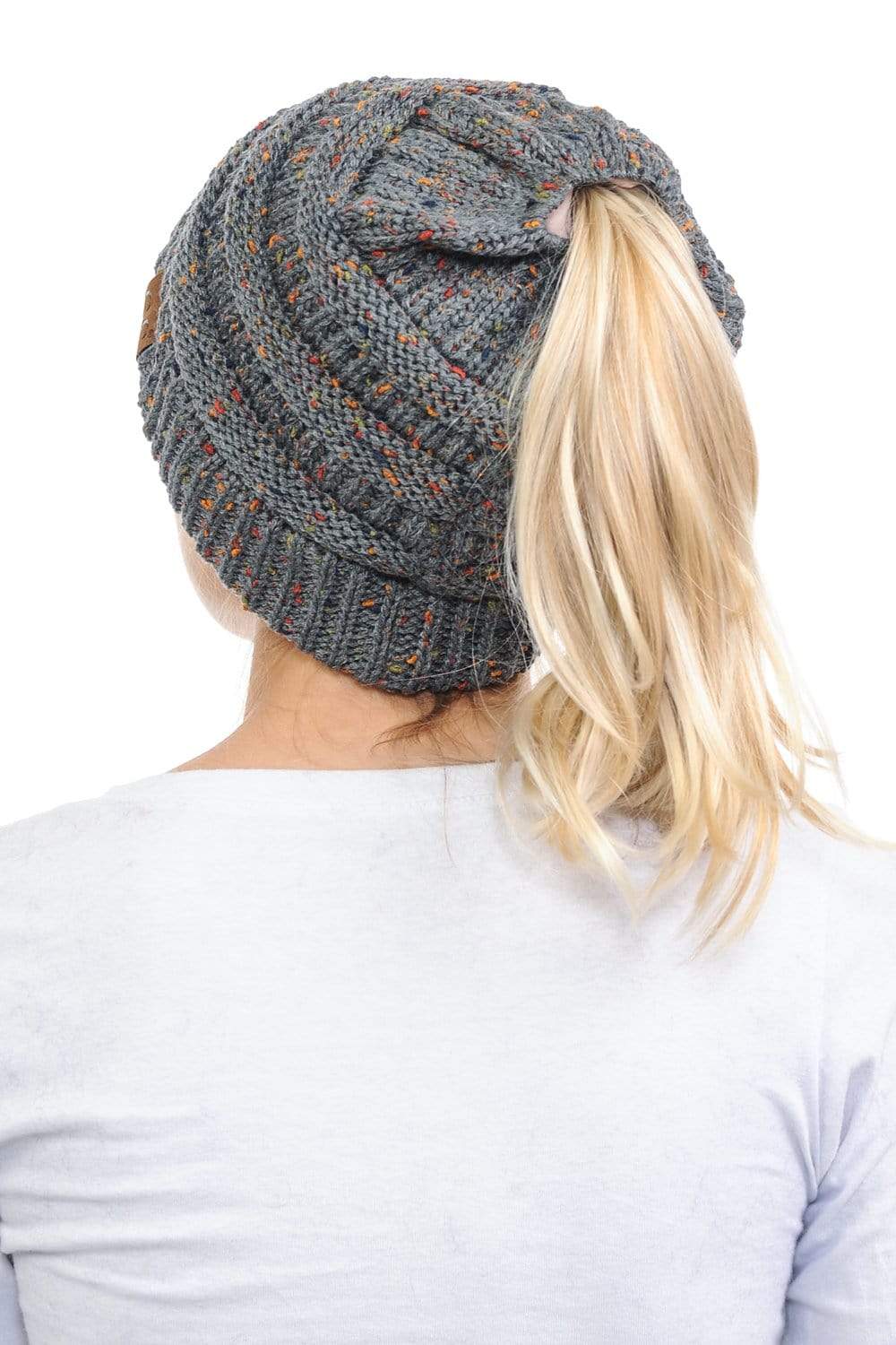 C.C Apparel C.C MB33 - Soft Stretch Cable Knit Warm Hat High Bun Ponytail Confetti Beanie