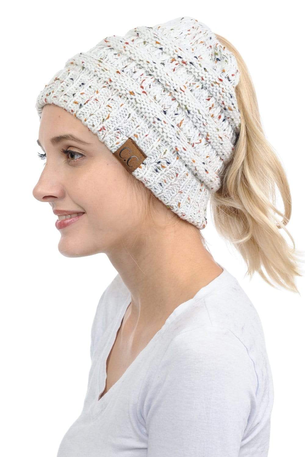 C.C Apparel C.C MB33 - Soft Stretch Cable Knit Warm Hat High Bun Ponytail Confetti Beanie
