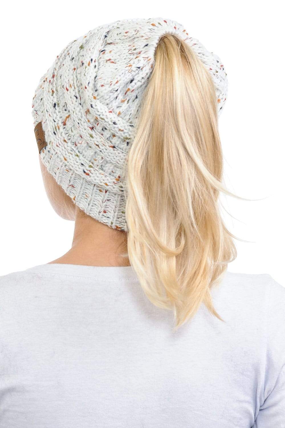 C.C Apparel C.C MB33 - Soft Stretch Cable Knit Warm Hat High Bun Ponytail Confetti Beanie