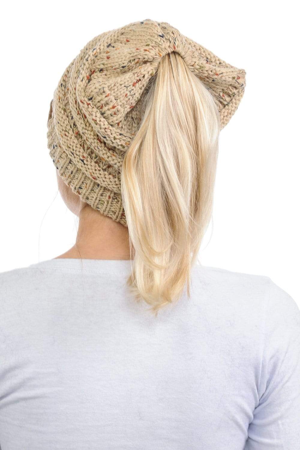 C.C Apparel C.C MB33 - Soft Stretch Cable Knit Warm Hat High Bun Ponytail Confetti Beanie