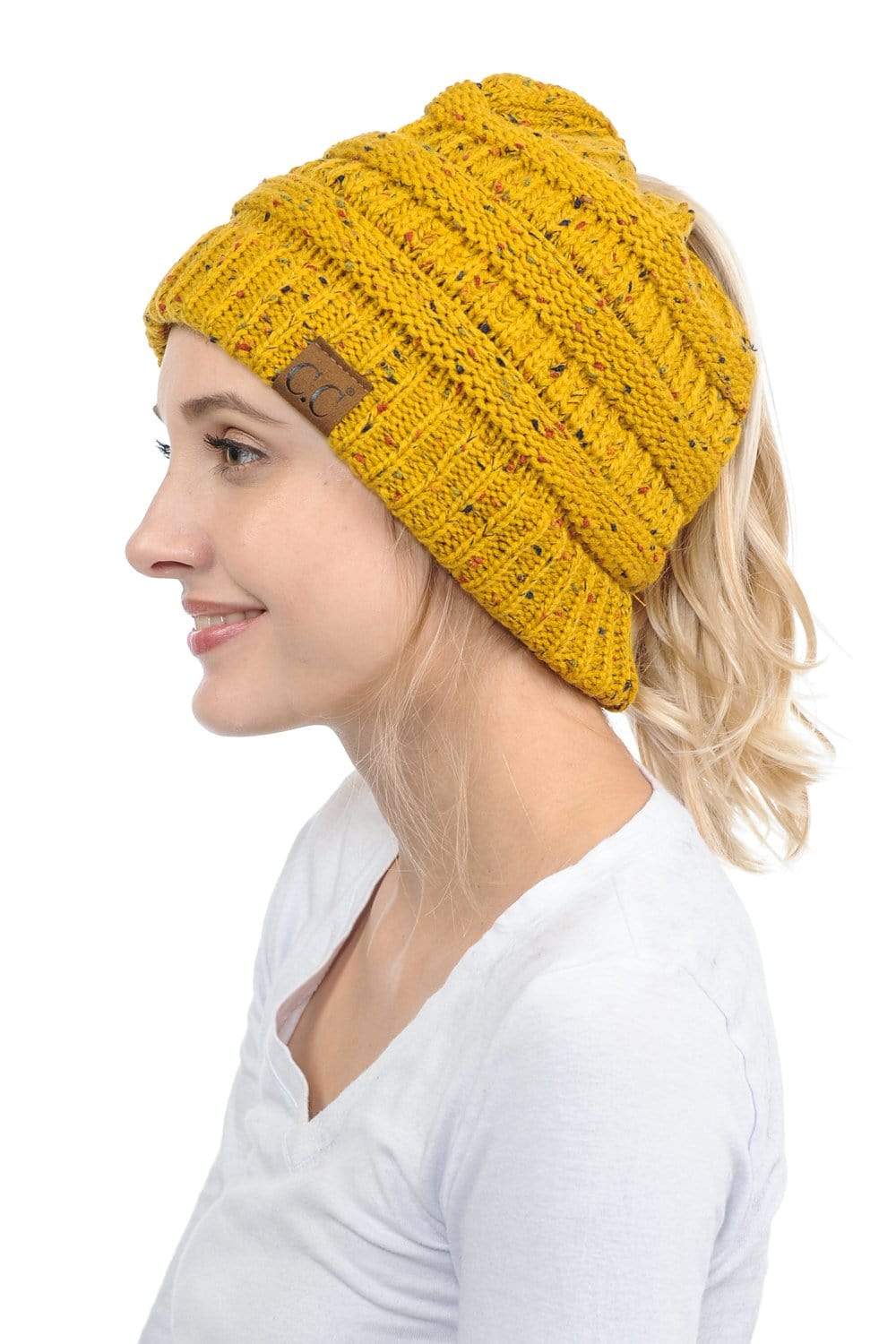 C.C Apparel C.C MB33 - Soft Stretch Cable Knit Warm Hat High Bun Ponytail Confetti Beanie
