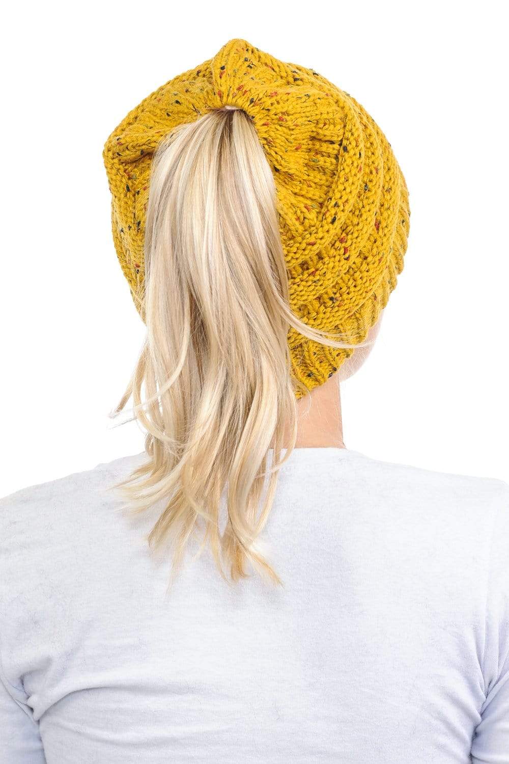 C.C Apparel C.C MB33 - Soft Stretch Cable Knit Warm Hat High Bun Ponytail Confetti Beanie
