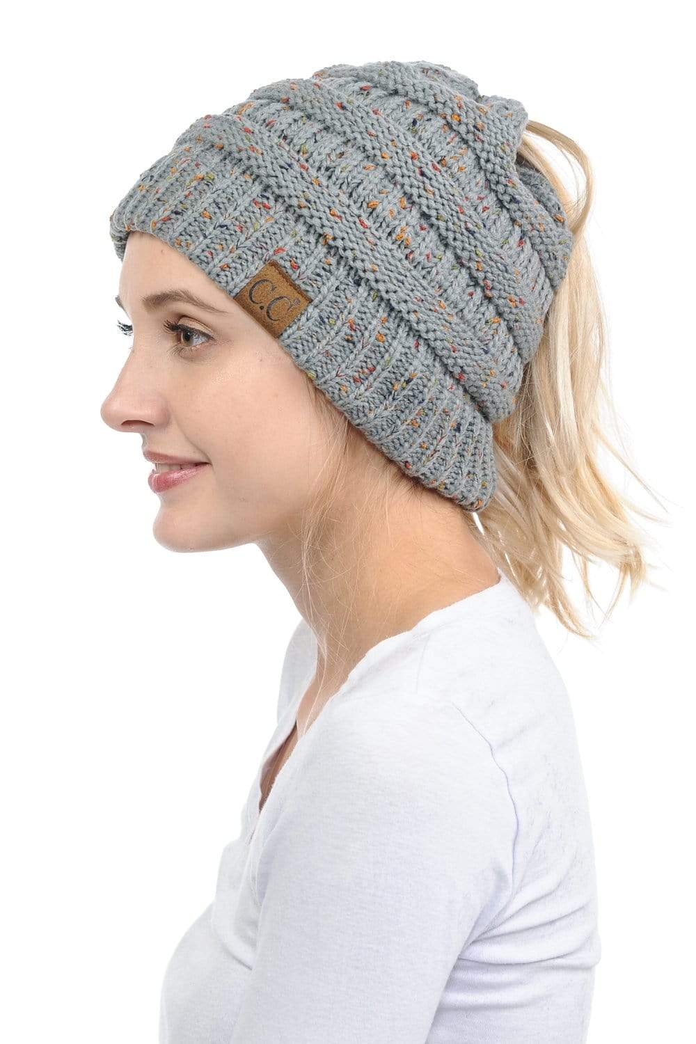 C.C Apparel C.C MB33 - Soft Stretch Cable Knit Warm Hat High Bun Ponytail Confetti Beanie