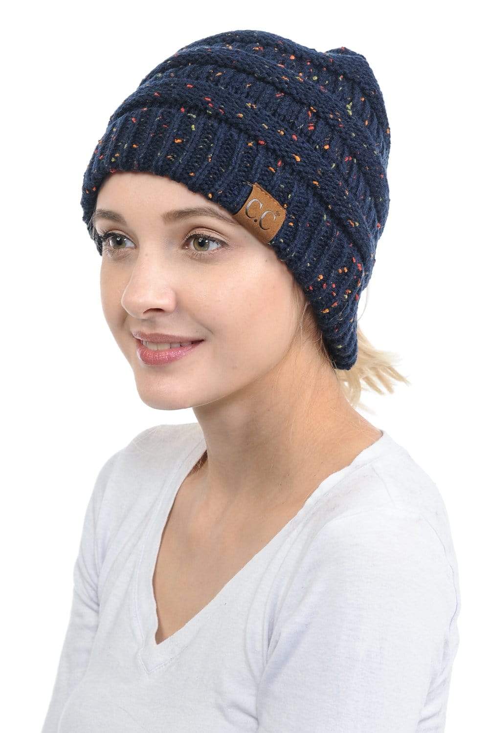 C.C Apparel C.C MB33 - Soft Stretch Cable Knit Warm Hat High Bun Ponytail Confetti Beanie