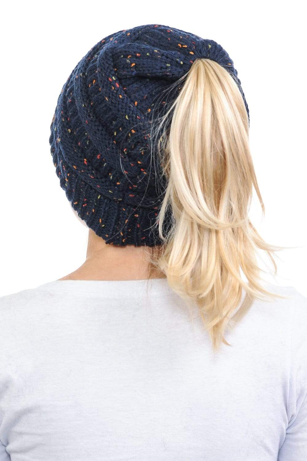C.C Apparel C.C MB33 - Soft Stretch Cable Knit Warm Hat High Bun Ponytail Confetti Beanie