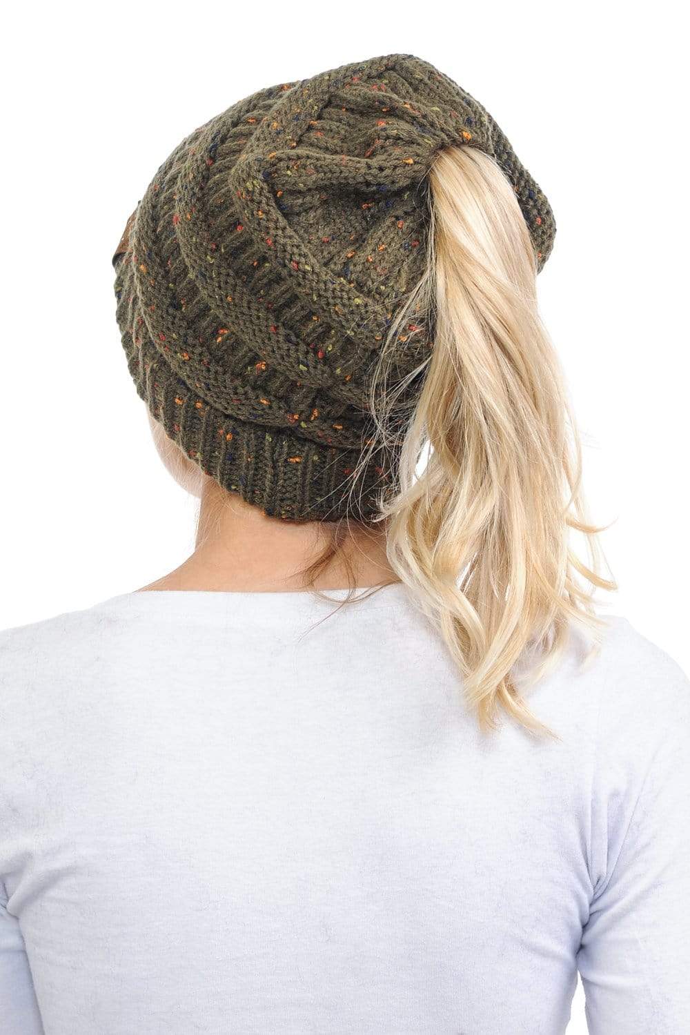 C.C Apparel C.C MB33 - Soft Stretch Cable Knit Warm Hat High Bun Ponytail Confetti Beanie