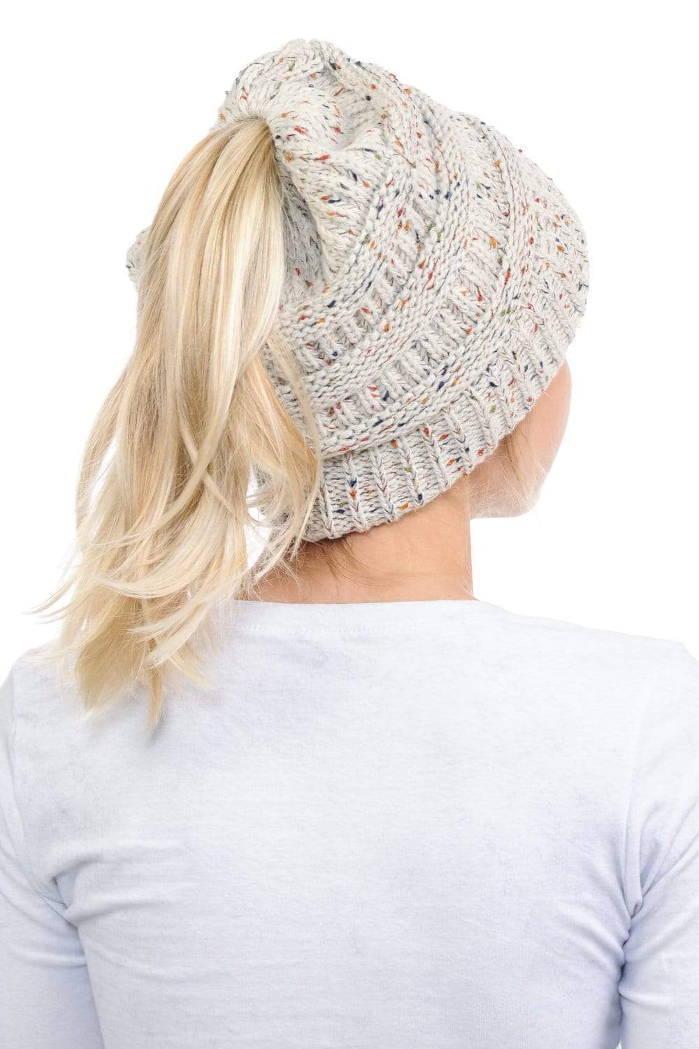 C.C Apparel C.C MB33 - Soft Stretch Cable Knit Warm Hat High Bun Ponytail Confetti Beanie