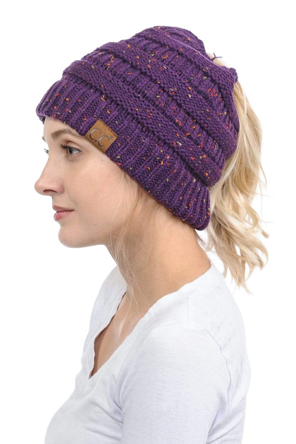 C.C Apparel C.C MB33 - Soft Stretch Cable Knit Warm Hat High Bun Ponytail Confetti Beanie