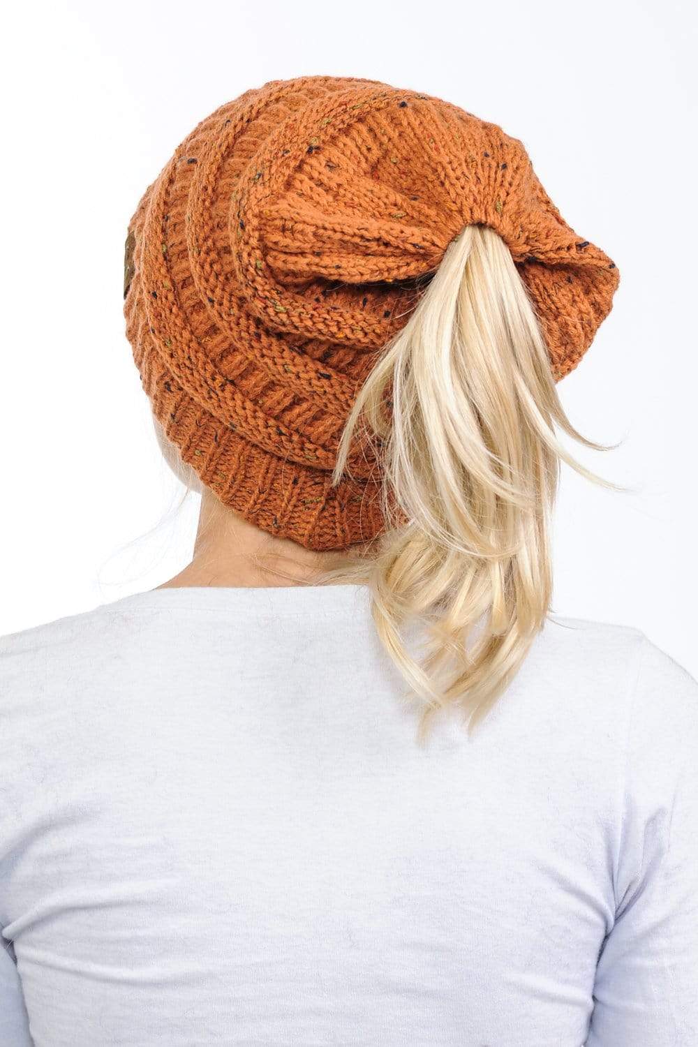 C.C Apparel C.C MB33 - Soft Stretch Cable Knit Warm Hat High Bun Ponytail Confetti Beanie