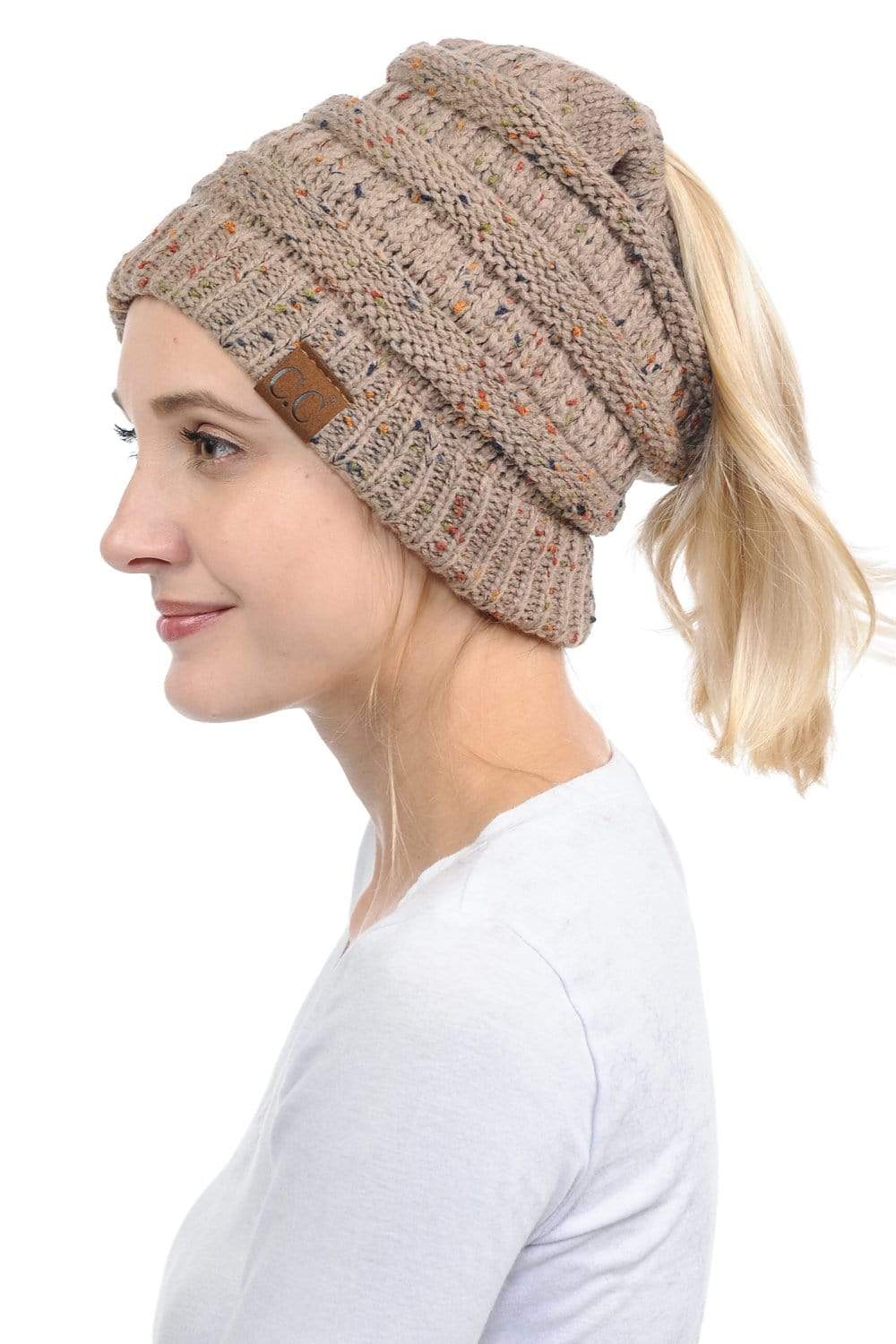 C.C Apparel C.C MB33 - Soft Stretch Cable Knit Warm Hat High Bun Ponytail Confetti Beanie