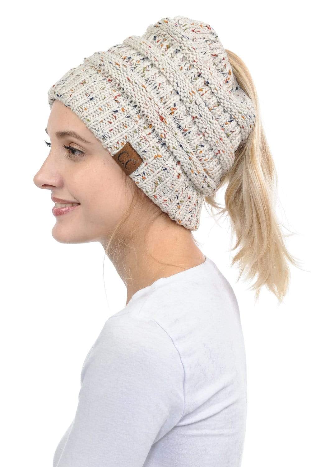 C.C Apparel C.C MB33 - Soft Stretch Cable Knit Warm Hat High Bun Ponytail Confetti Beanie