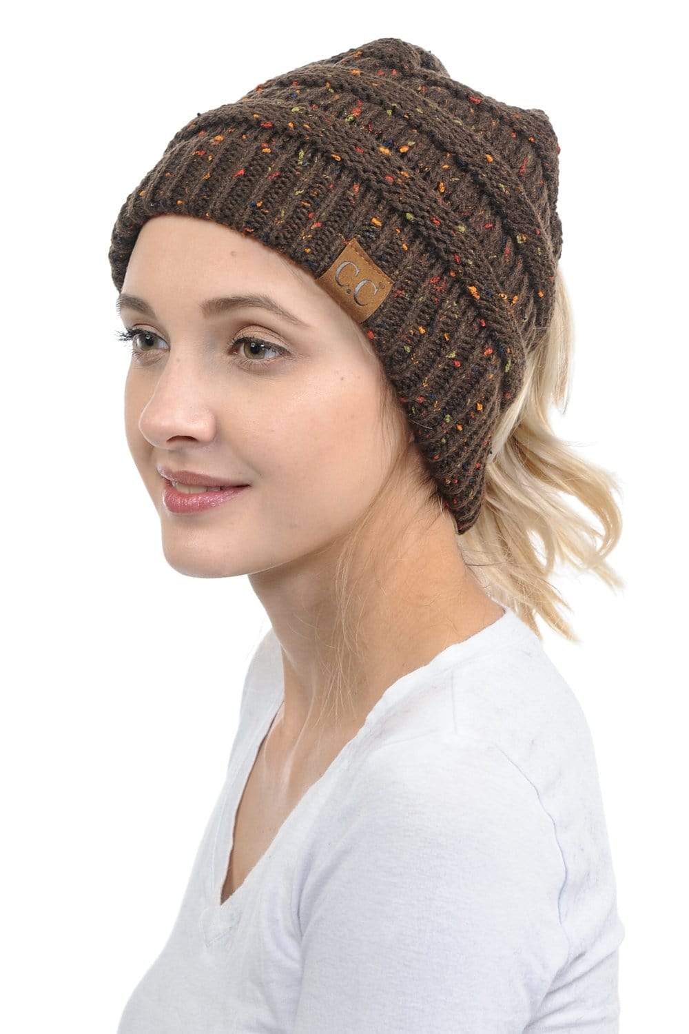 C.C Apparel Brown C.C MB33 - Soft Stretch Cable Knit Warm Hat High Bun Ponytail Confetti Beanie