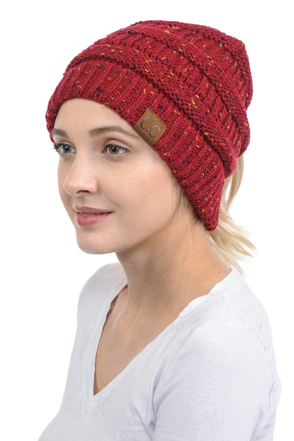 C.C Apparel Burgundy C.C MB33 - Soft Stretch Cable Knit Warm Hat High Bun Ponytail Confetti Beanie