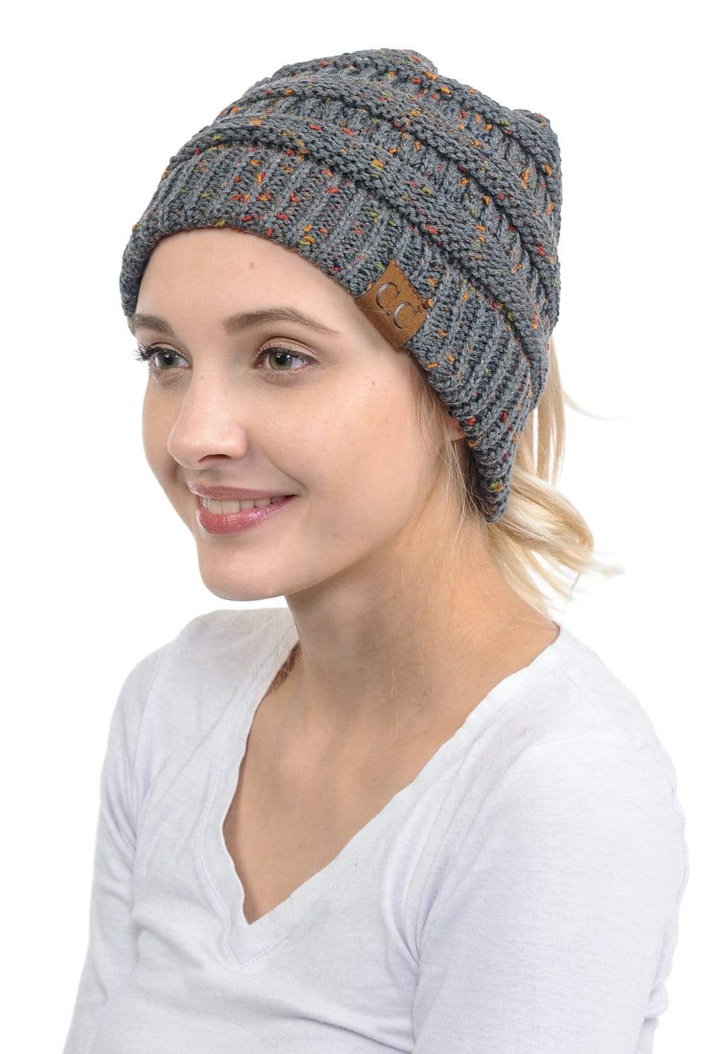 C.C Apparel Dark Melange C.C MB33 - Soft Stretch Cable Knit Warm Hat High Bun Ponytail Confetti Beanie