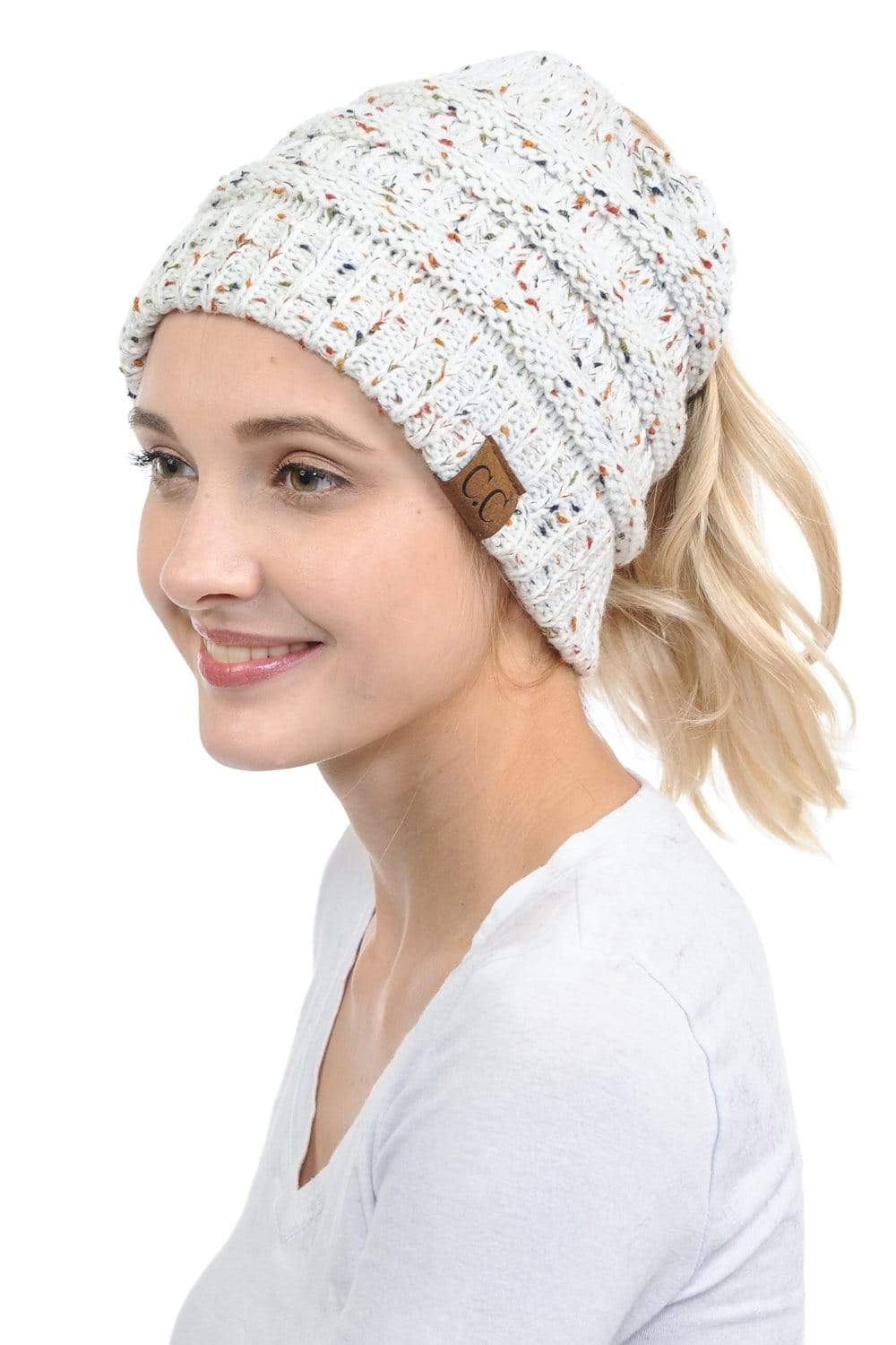 C.C Apparel Ivory C.C MB33 - Soft Stretch Cable Knit Warm Hat High Bun Ponytail Confetti Beanie