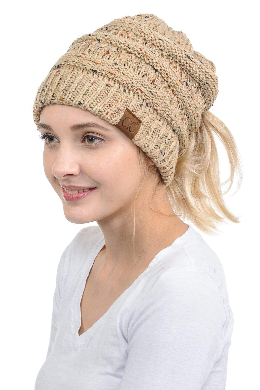 C.C Apparel Latte C.C MB33 - Soft Stretch Cable Knit Warm Hat High Bun Ponytail Confetti Beanie
