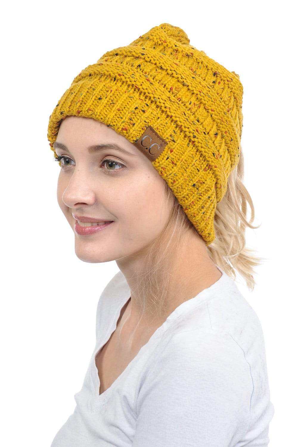 C.C Apparel Mustard C.C MB33 - Soft Stretch Cable Knit Warm Hat High Bun Ponytail Confetti Beanie