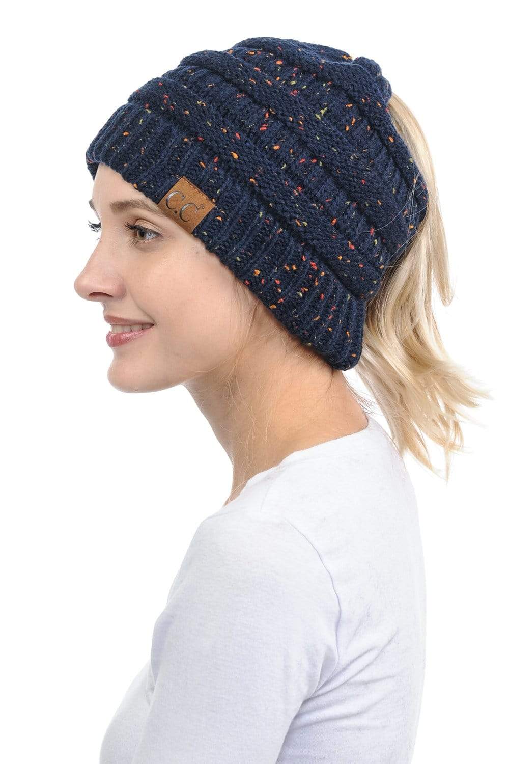 C.C Apparel Navy C.C MB33 - Soft Stretch Cable Knit Warm Hat High Bun Ponytail Confetti Beanie