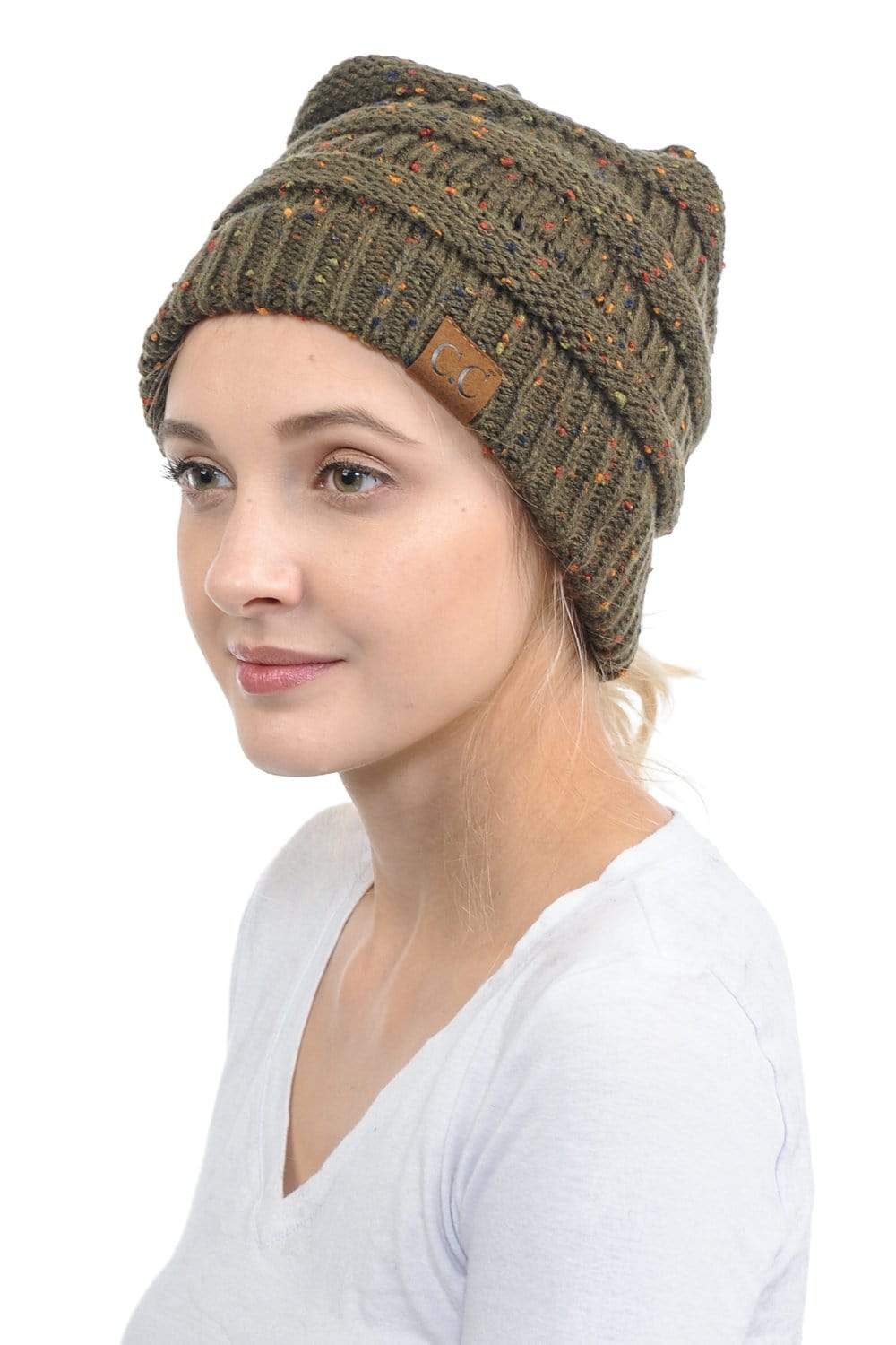 C.C Apparel New Olive C.C MB33 - Soft Stretch Cable Knit Warm Hat High Bun Ponytail Confetti Beanie