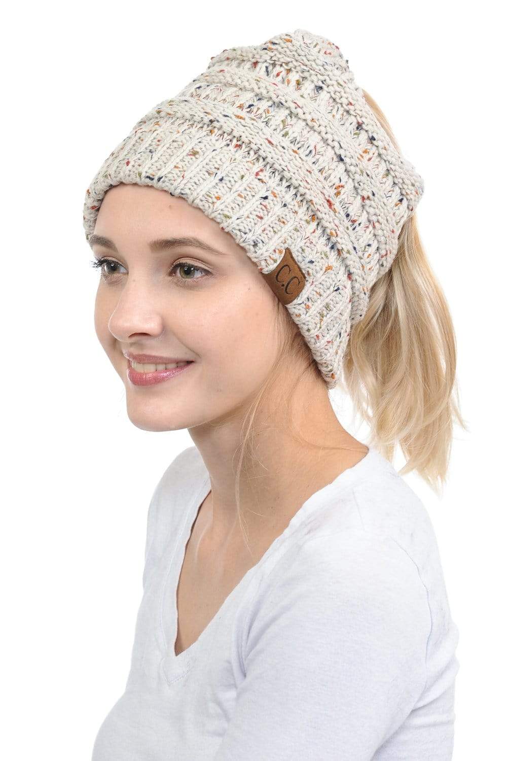 C.C Apparel Oatmeal C.C MB33 - Soft Stretch Cable Knit Warm Hat High Bun Ponytail Confetti Beanie