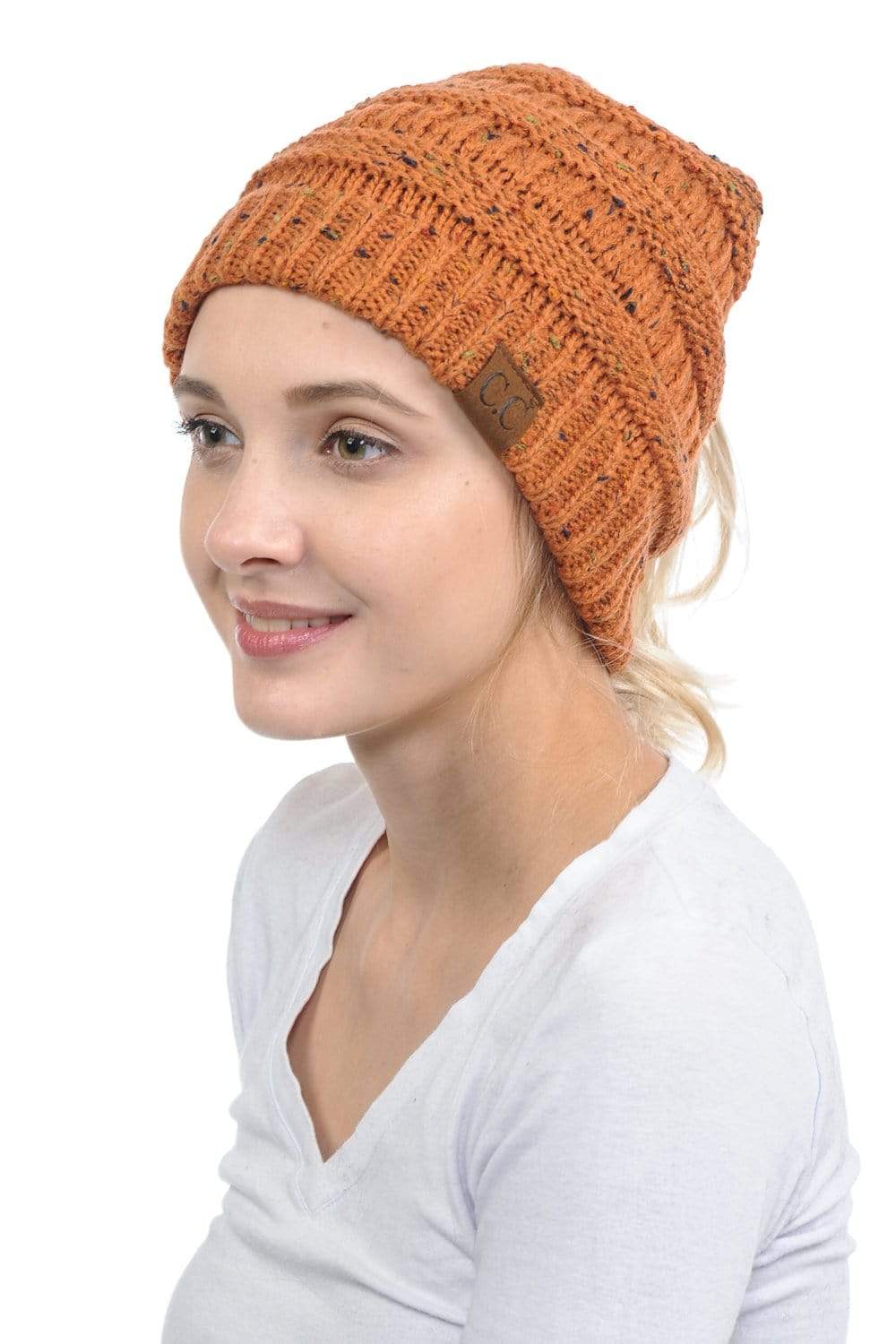 C.C Apparel Rust C.C MB33 - Soft Stretch Cable Knit Warm Hat High Bun Ponytail Confetti Beanie