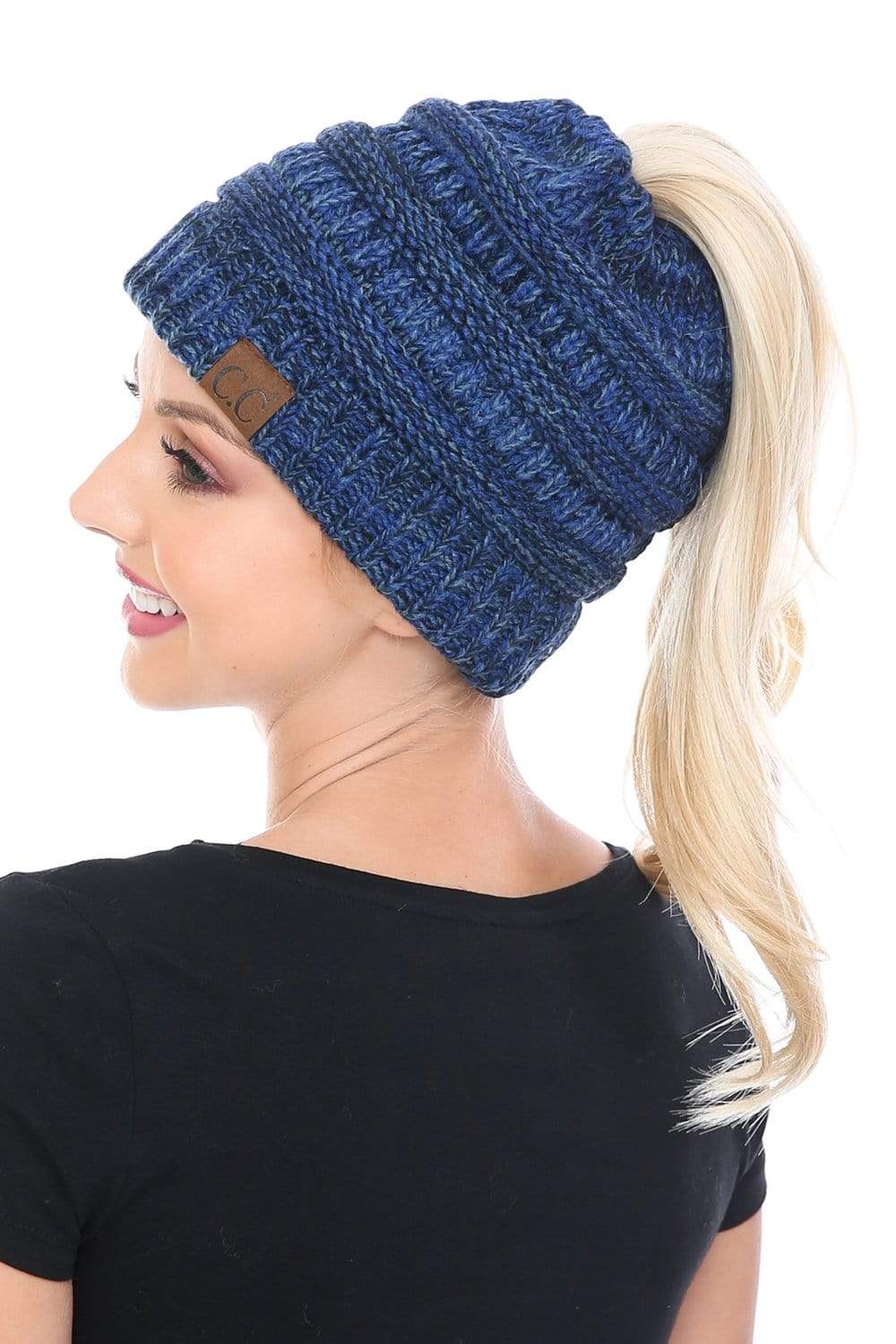 C.C Apparel C.C MB6242 - Soft Stretch Cable Knit Warm Ponytail Hat 3 Toned Mixed Multi Color Beanie