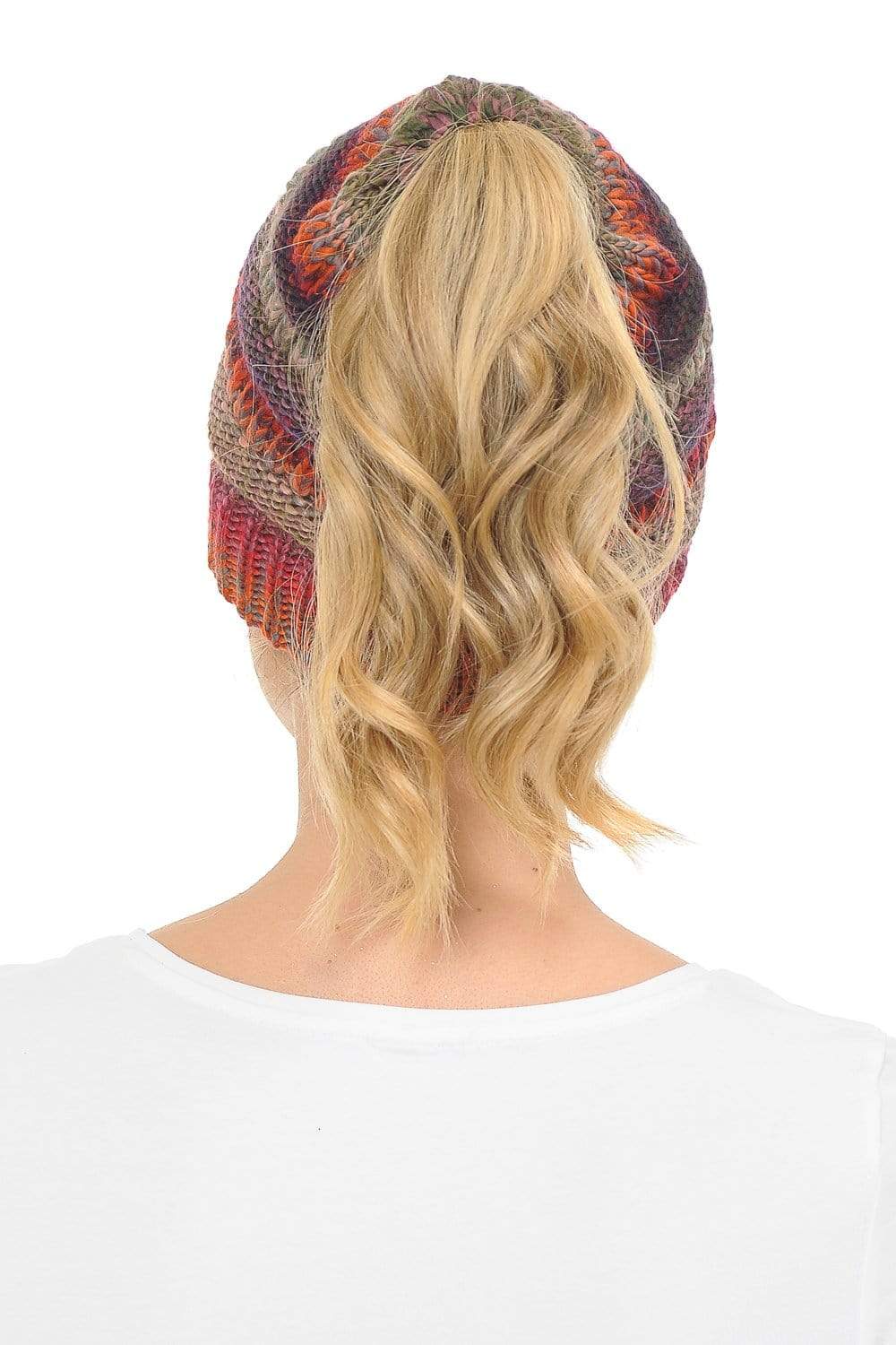 C.C Apparel C.C MB705 - Soft Stretch Cable Knit Warm Hat High Bun Ponytail Multi Color Tribal Beanie