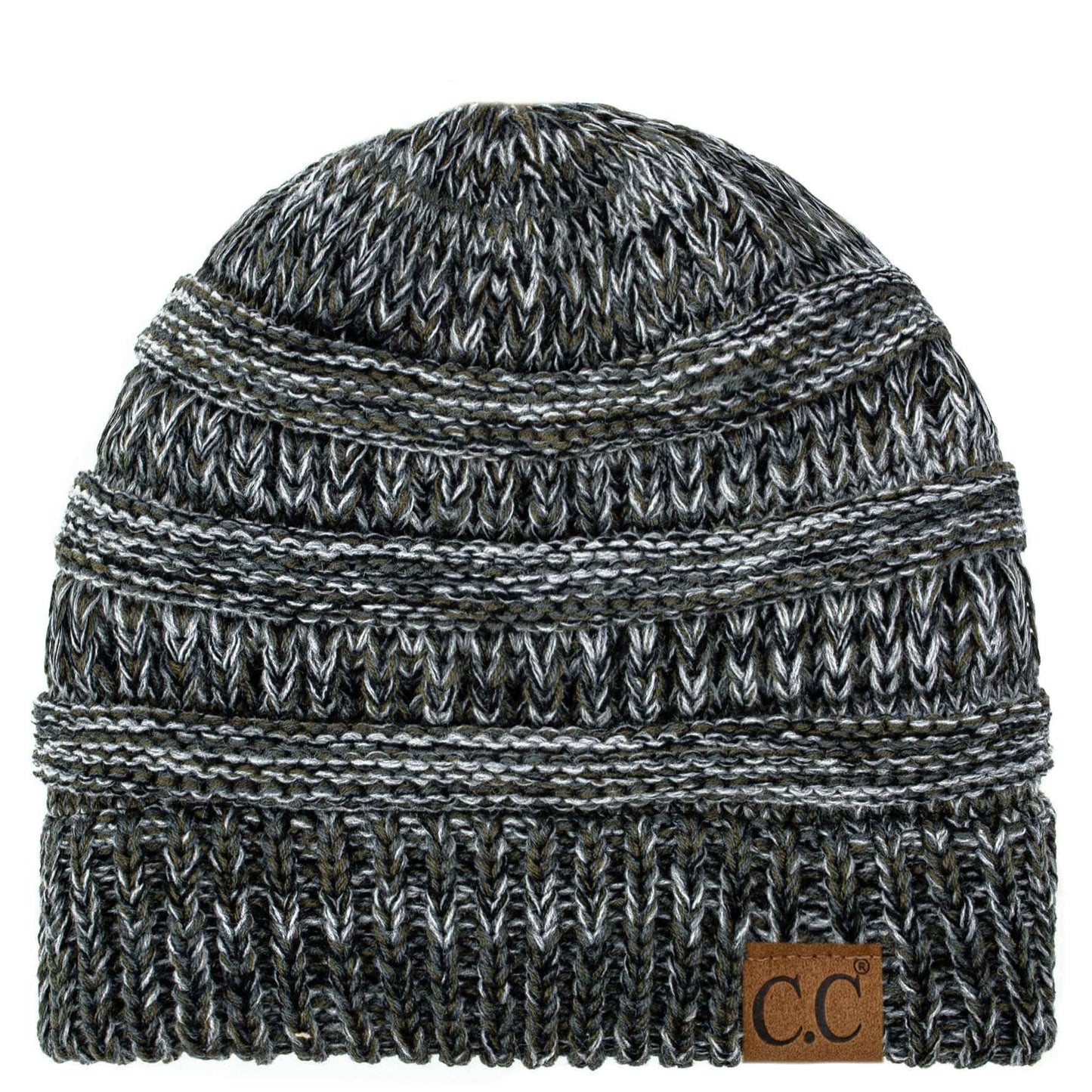 C.C Apparel Black/Olive/Grey C.C Trendy Warm Chunky Soft Stretch Three-Toned Cable Knit Beanie Skully