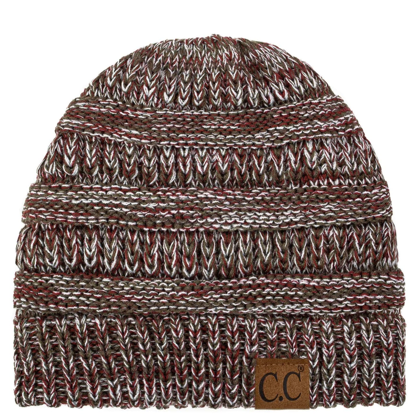 C.C Apparel Burgundy/Olive/Grey C.C Trendy Warm Chunky Soft Stretch Three-Toned Cable Knit Beanie Skully