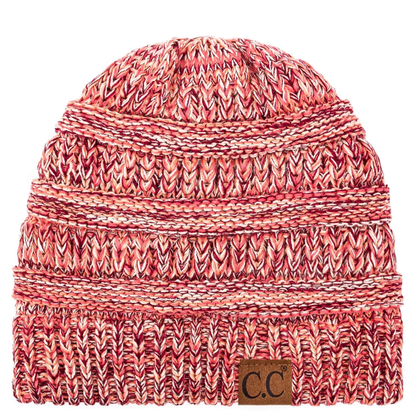 C.C Apparel Burgundy/Peach/Beige C.C Trendy Warm Chunky Soft Stretch Three-Toned Cable Knit Beanie Skully