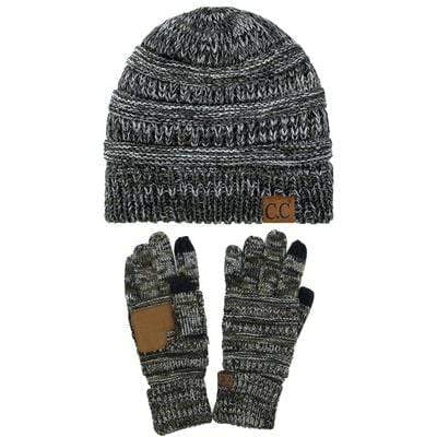 C.C Apparel C.C Unisex Soft Stretch Cable Knit Three Tone Beanie and Anti-Slip Touchscreen Gloves Set
