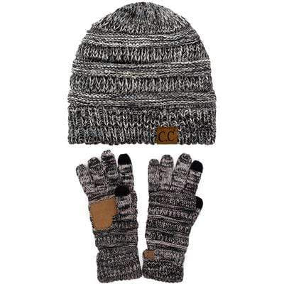 C.C Apparel C.C Unisex Soft Stretch Cable Knit Three Tone Beanie and Anti-Slip Touchscreen Gloves Set