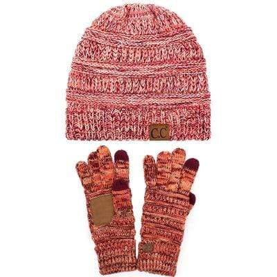 C.C Apparel C.C Unisex Soft Stretch Cable Knit Three Tone Beanie and Anti-Slip Touchscreen Gloves Set