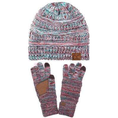 C.C Apparel C.C Unisex Soft Stretch Cable Knit Three Tone Beanie and Anti-Slip Touchscreen Gloves Set
