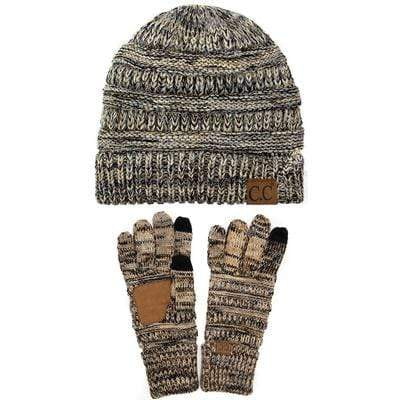 C.C Apparel C.C Unisex Soft Stretch Cable Knit Three Tone Beanie and Anti-Slip Touchscreen Gloves Set